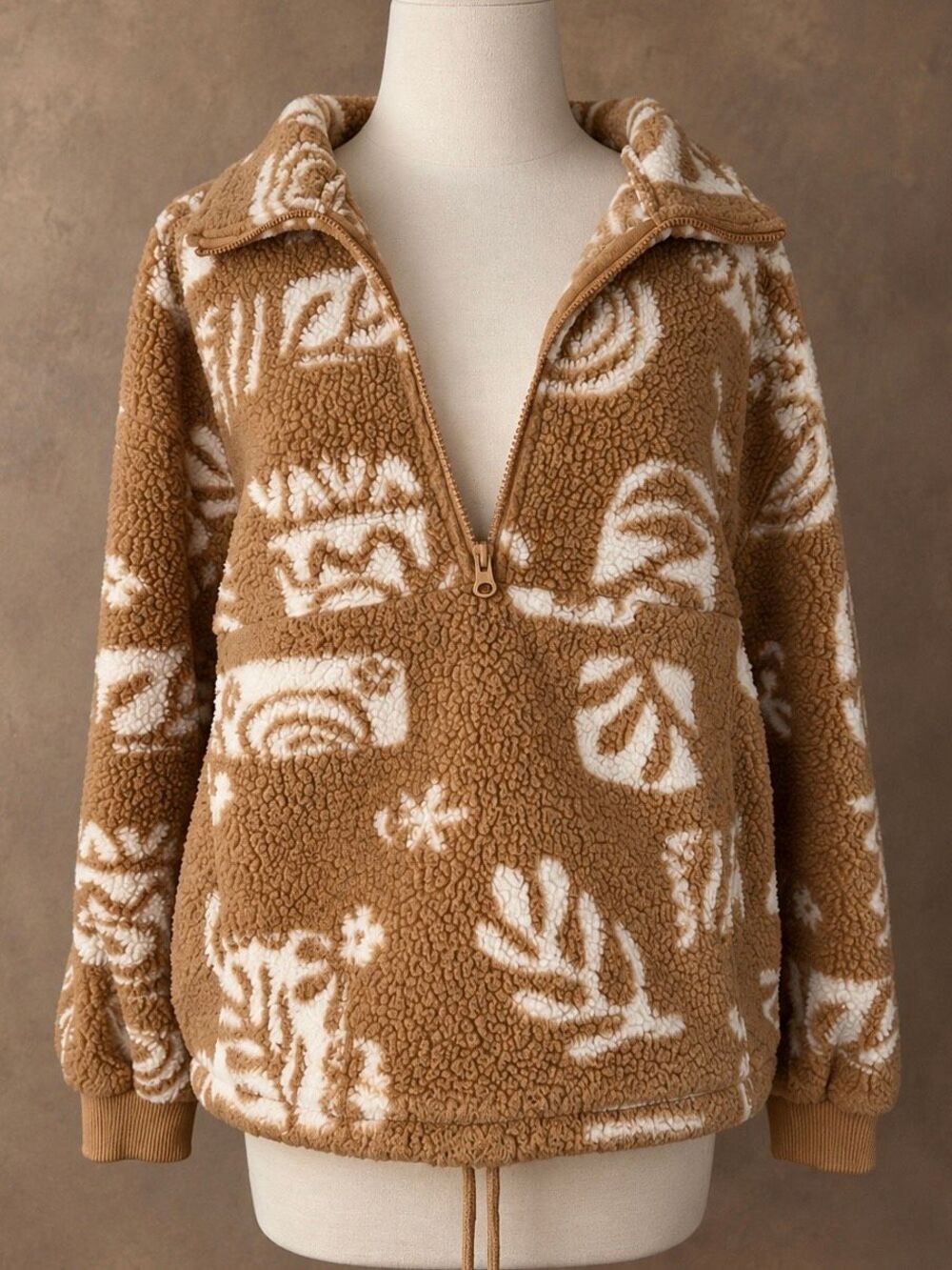 Billabong Size M Time Off Half Zip Sherpa Fleece Tan Cream Floral